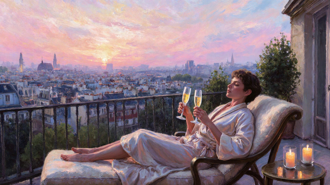 Couple détendu sur un rooftop de Montmartre au lever du soleil, ville de Paris en arrière-plan.
