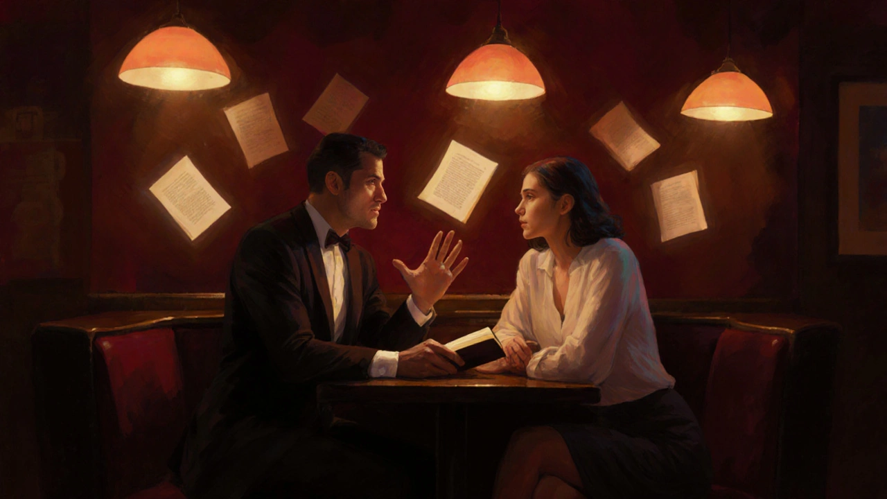Couple discutant dans un bar chaleureux, l&#039;homme semble appliquer les connaissances d&#039;un livre sur les femmes.
