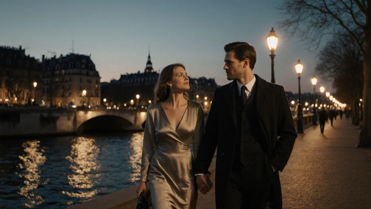 Couple élégant marchant au crépuscule le long de la Seine, symbolisant une connexion durable.