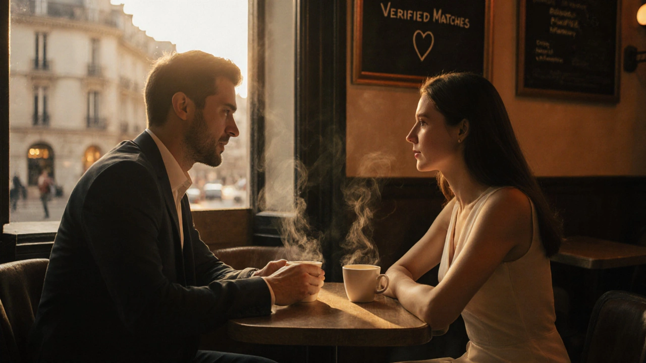 Couple souriant partageant un café dans un café chaleureux, ressentant confiance.