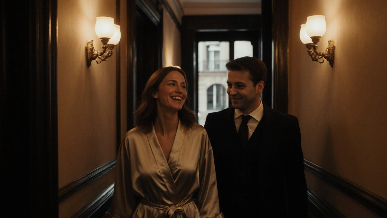 Deux partenaires souriants dans un couloir d'hôtel du Marais, éclairage tamisé, expression de joie.