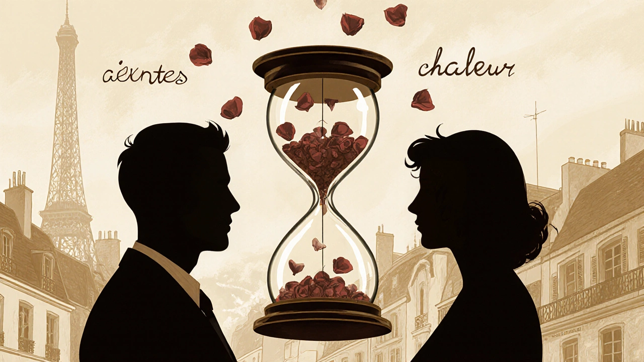 Deux silhouettes connectées par un sablier rempli de pétales de rose, symbole de liberté sans attente.