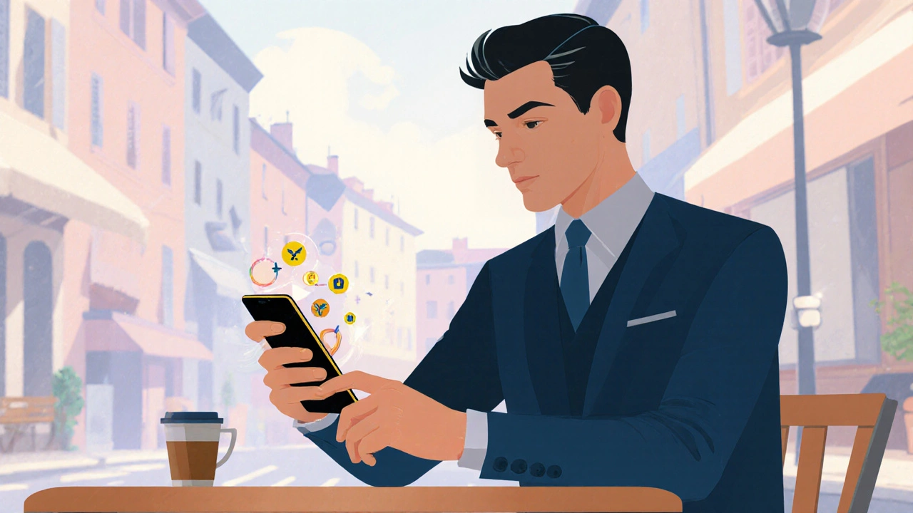Homme au café utilisant un smartphone stylisé, ambiance détendue à Lyon.