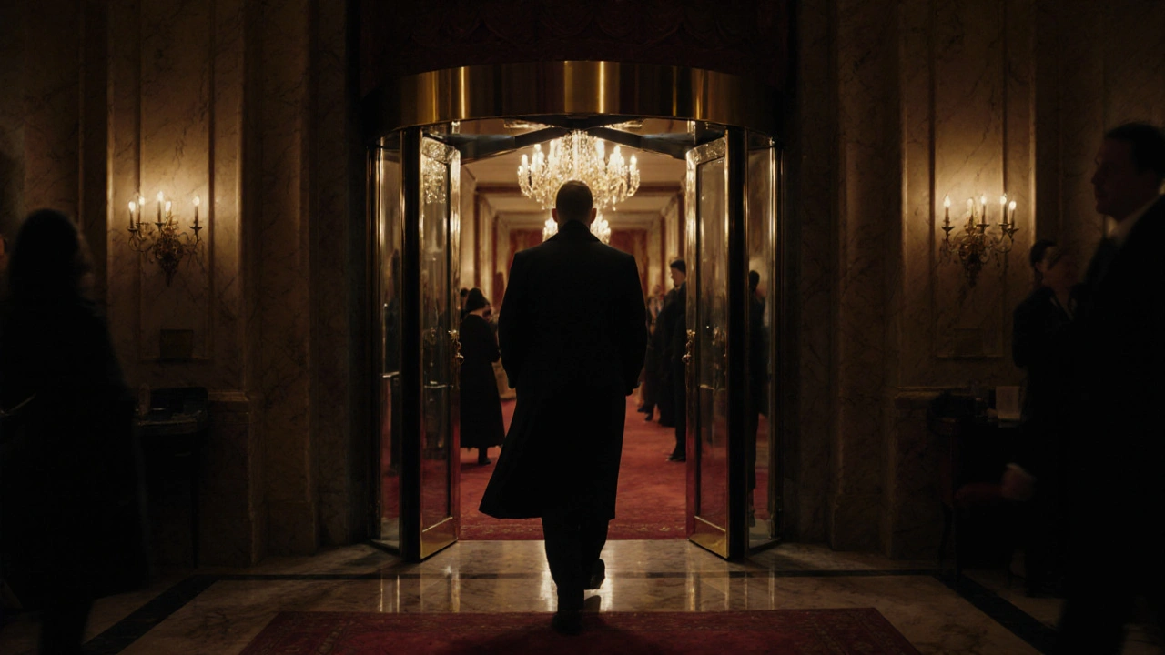 Homme en trench coat entrant dans un hall d'hôtel nocturne, ambiance secrète.