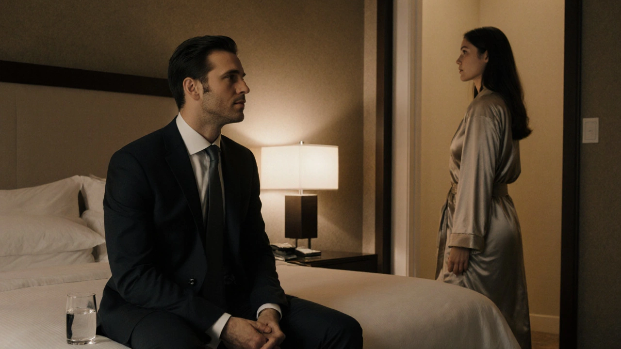 Homme et femme dans une chambre d'hôtel, moment de départ discret et silencieux.