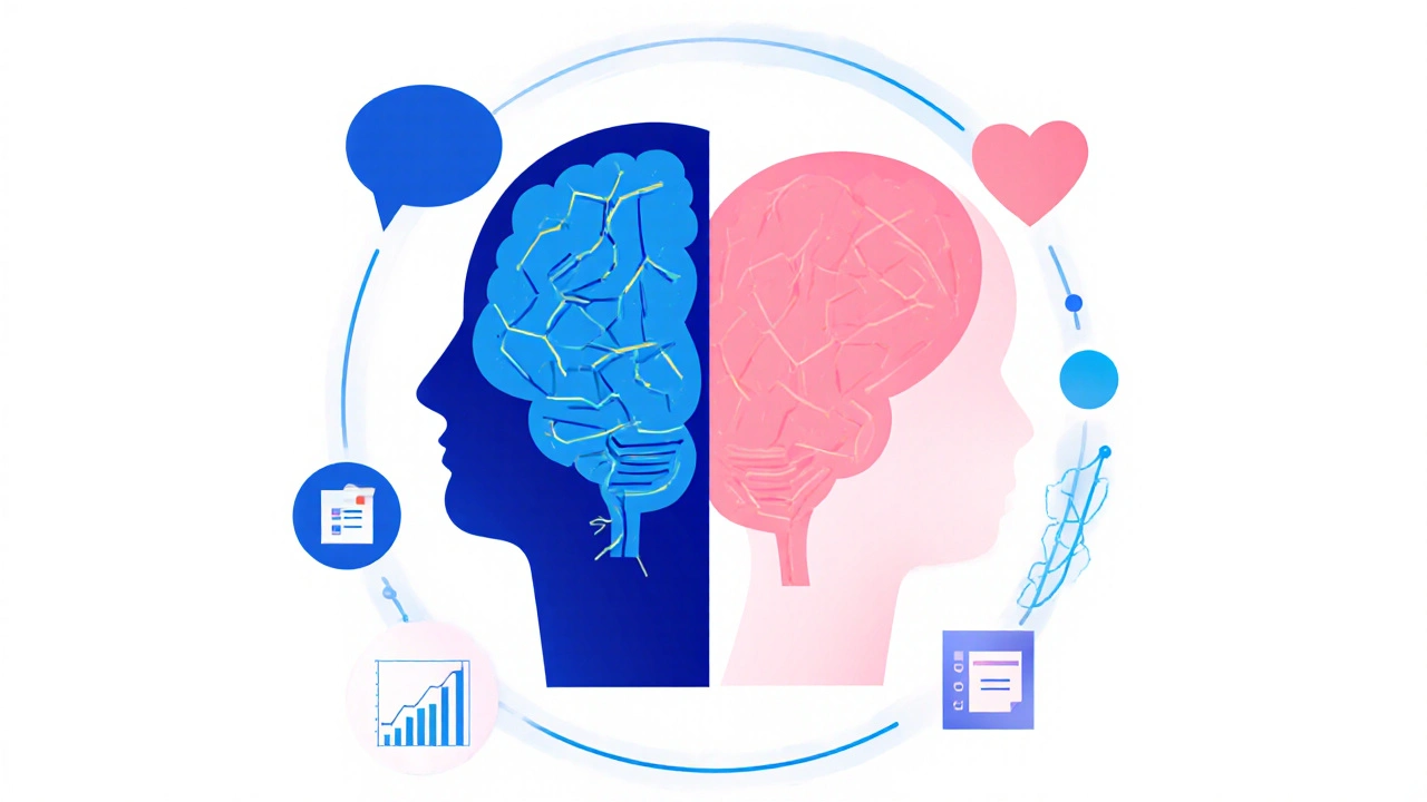Illustration du livre &quot;Les hommes viennent de Mars, les femmes de Vénus&quot; avec cerveau, cœur et icônes de communication.