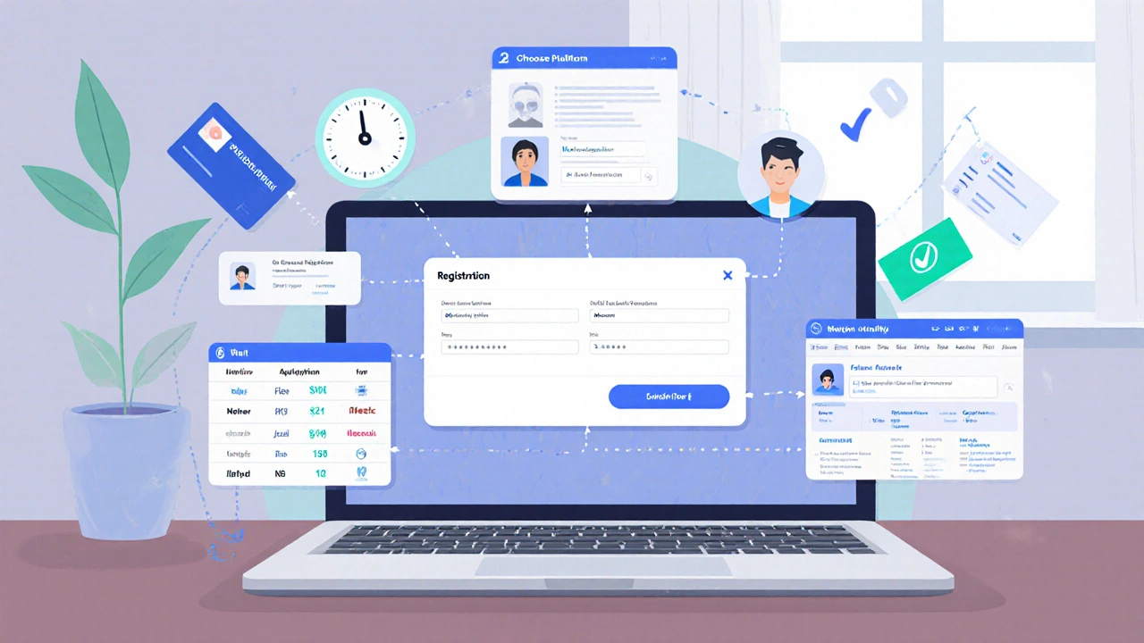 Illustration montrant les étapes d&#039;inscription et la comparaison des sites de rencontre sérieux.