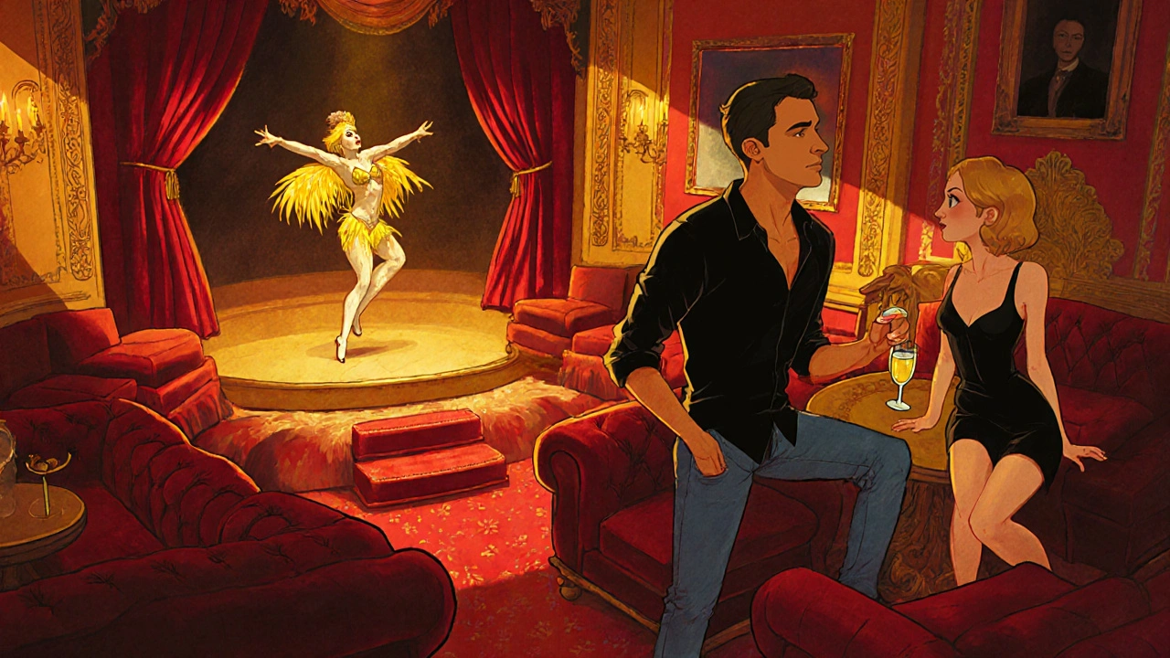 Intérieur du cabaret "Le Chien Jaune" avec danseuse, couple élégant, lumières chaudes et velours rouge.