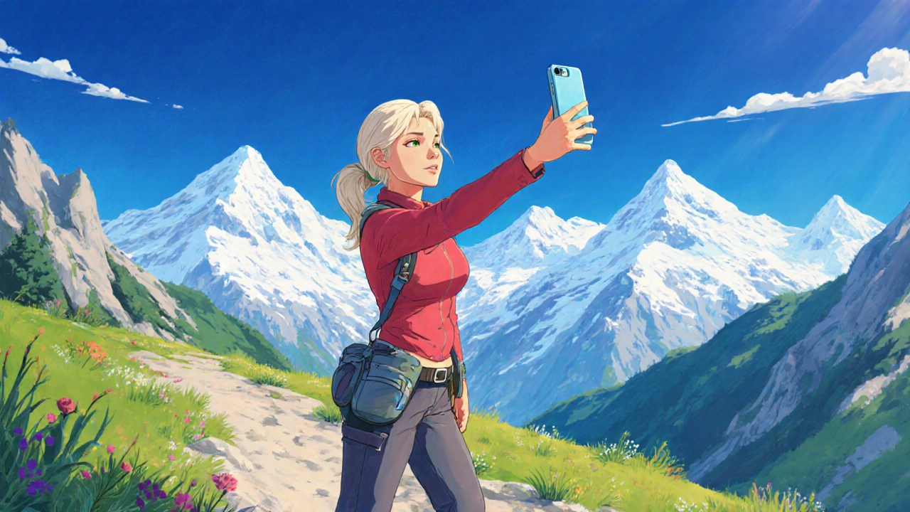 Quarantaine en randonnée alpine, selfie sous ciel bleu, fond de montagnes.