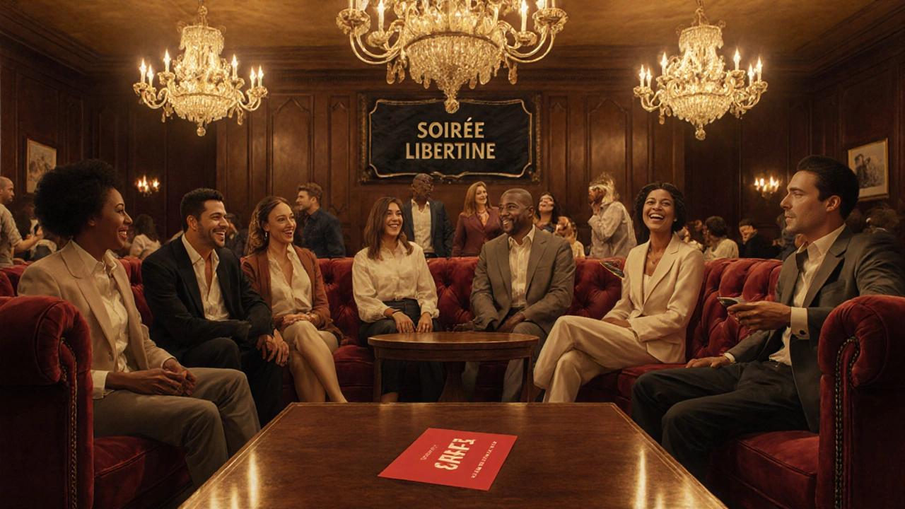 Salon élégant éclairé, groupe d&#039;adultes échangeant dans une soirée libertine, ambiance de confiance et d&#039;excitation.