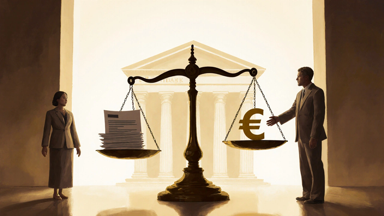 Scène symbolique de la justice rétablissant le remboursement d&#039;un débit non autorisé.