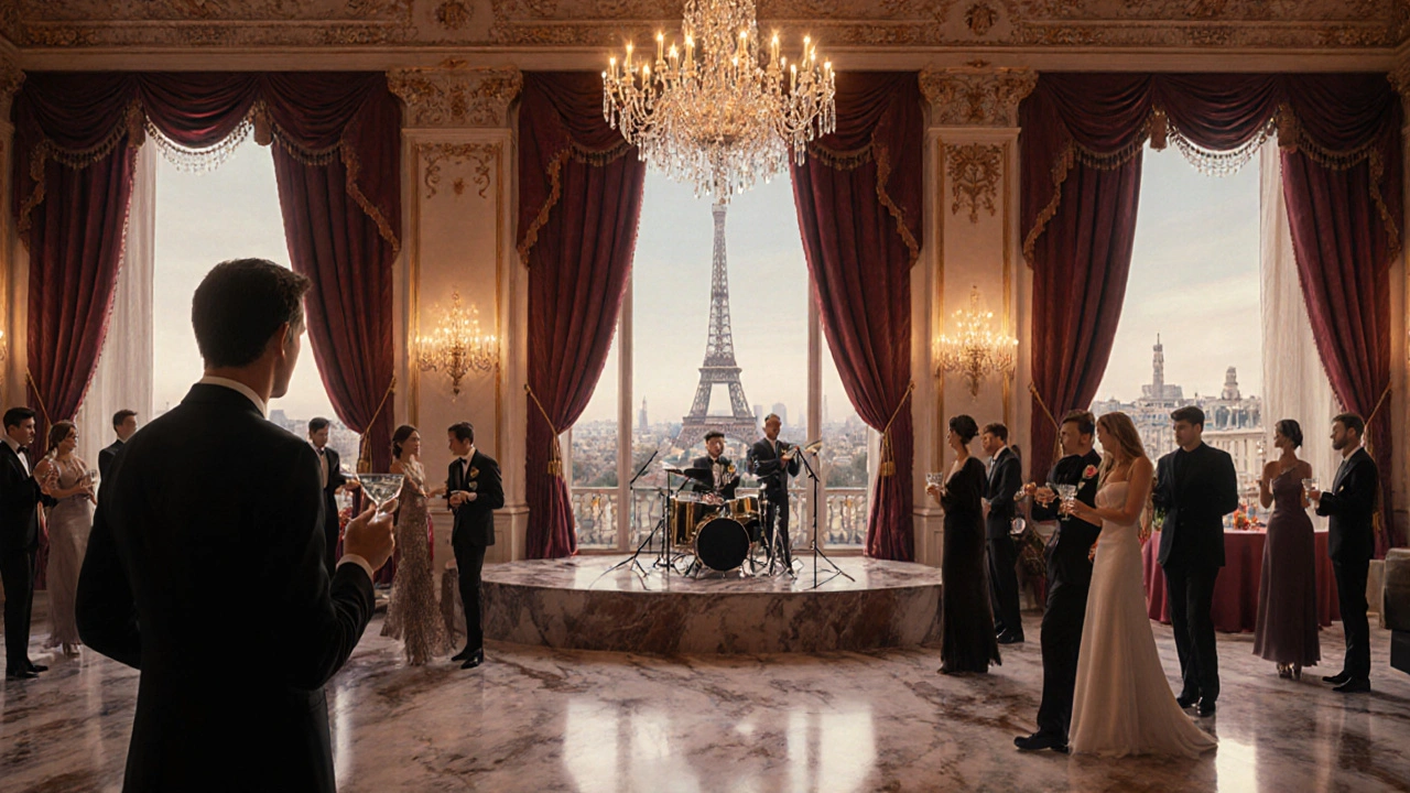 Soirée privée Elite Rencontre avec cocktail, musique live et invités en tenues élégantes.