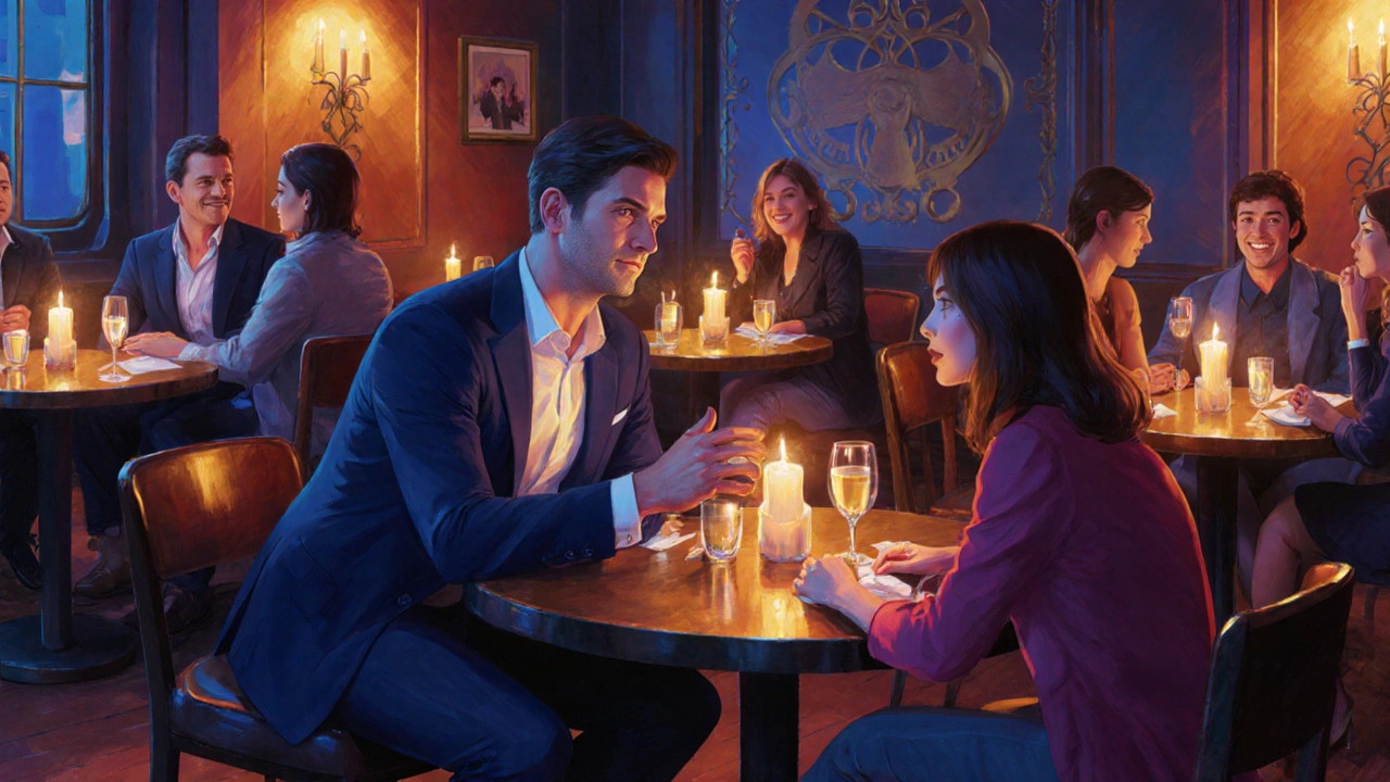Soirée speed‑dating chic dans le Marais, participants de 30‑45 ans échangeant des sourires.
