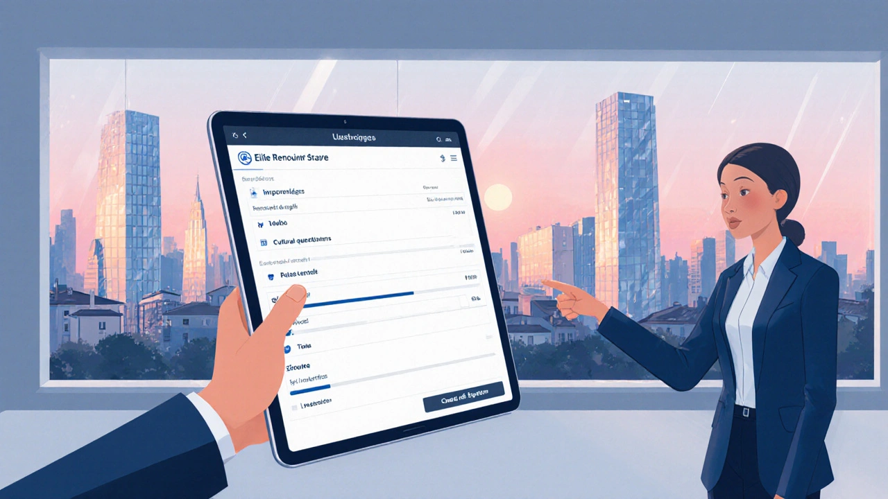 Tablette affichant le tableau de bord Elite Rencontre avec filtres avancés, coach à côté.