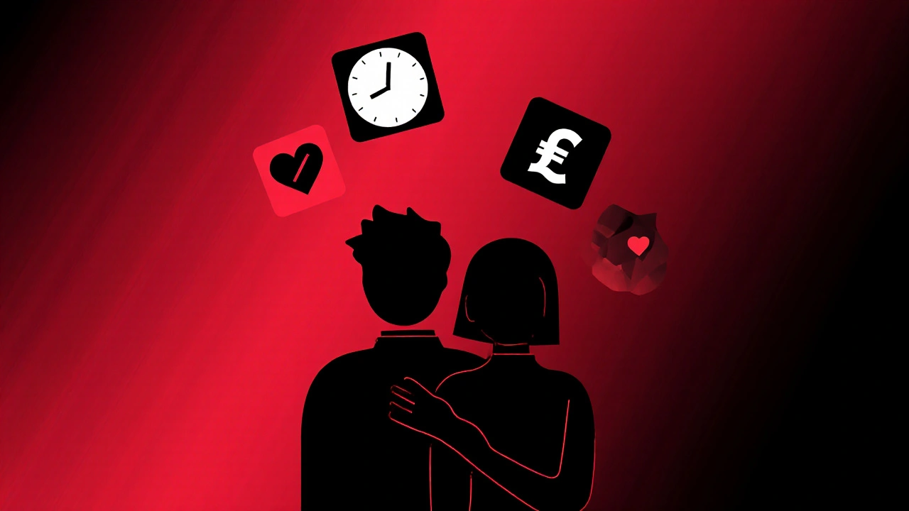 Trois silhouettes abstraites symbolisant les rencontres libertines, avec des icônes de temps, prix et liberté.