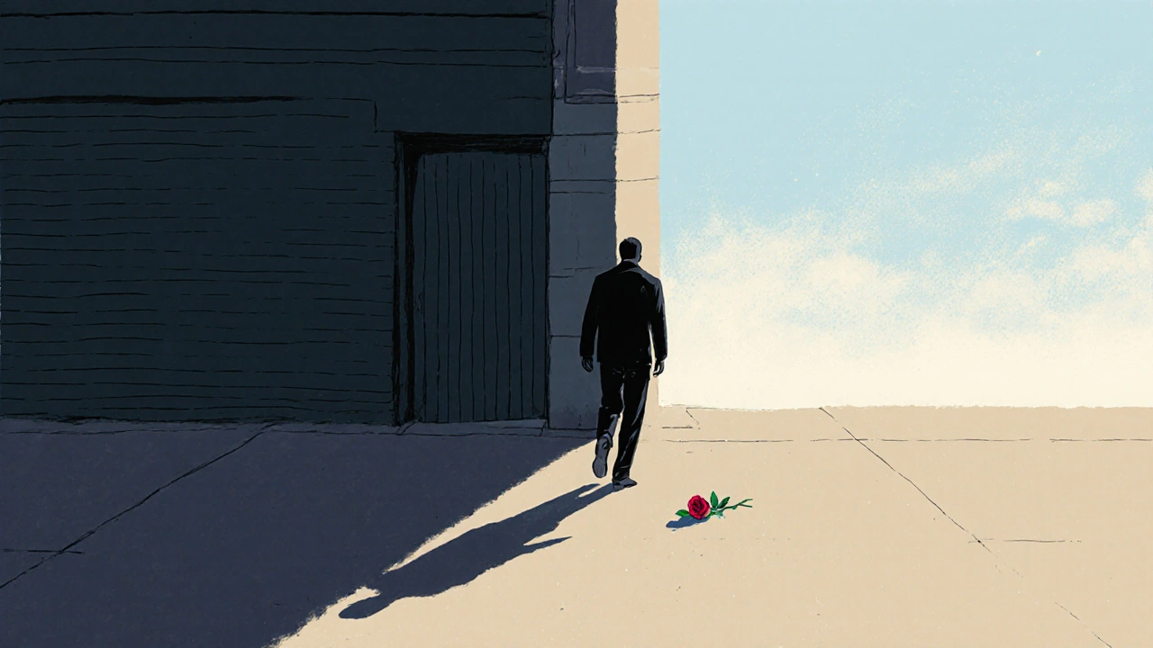 Un homme qui s'éloigne à l'aube, une rose sur le sol, le silence après une rencontre intime.