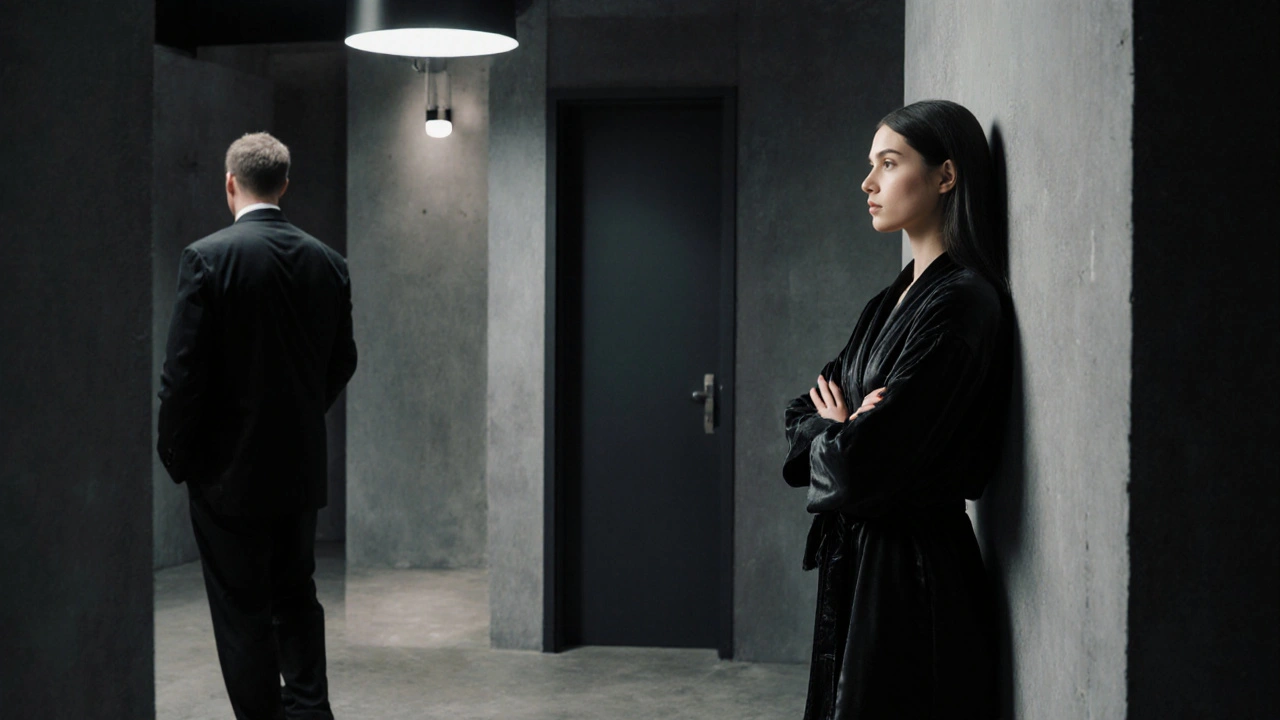 Une femme en robe noire attend debout dans une salle de rendez-vous privée, lumière douce et ambiance silencieuse.