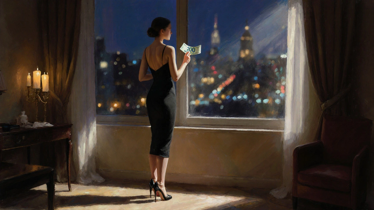 Une femme en robe noire dans une chambre d'hôtel, tenant un billet de 200 euros, dos tourné.