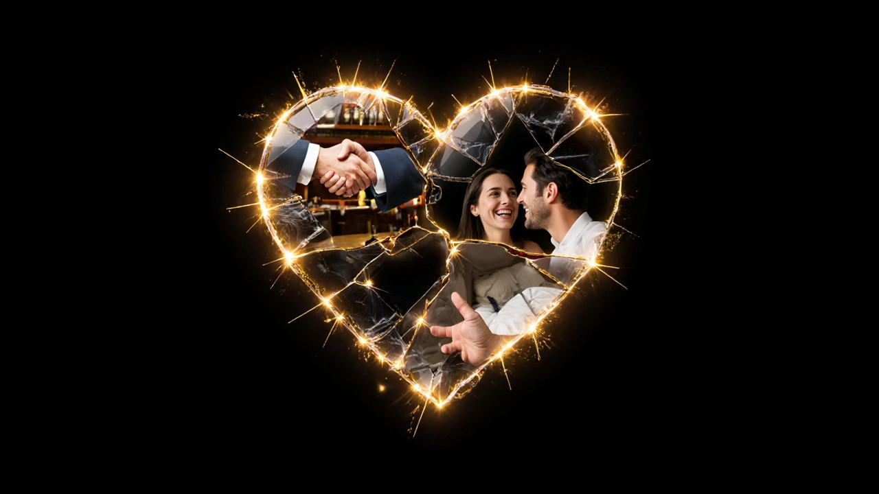 Cœur en verre brisé reflétant des moments de libération émotionnelle, lumière dorée sur fond noir.