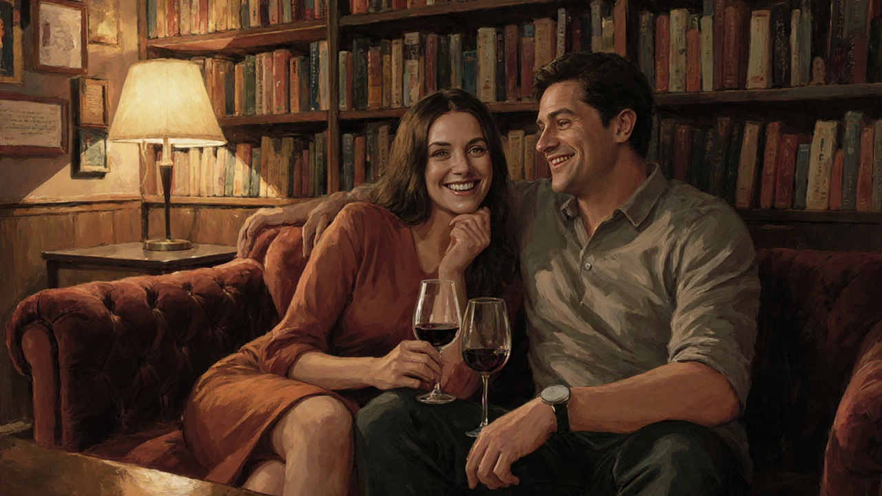 Couple discutant intiment dans un bar secret sous une librairie à Boston.