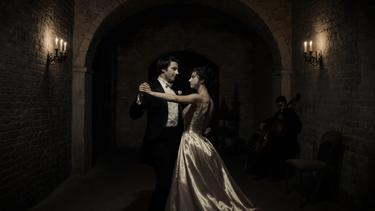 Des couples dansent dans l&#039;obscurité totale d&#039;une cave de Montmartre, seuls leurs vêtements de soie et masques visibles.