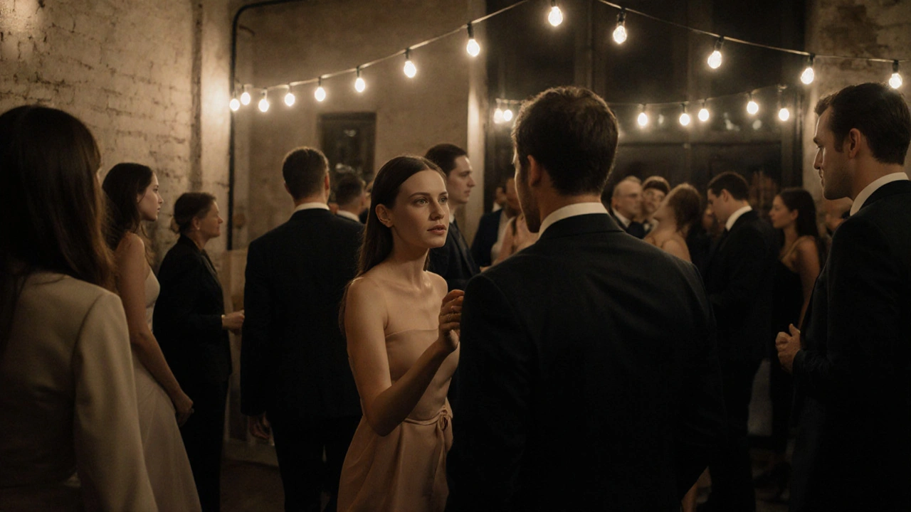 Des hommes et femmes se rencontrent discrètement lors d&#039;une soirée privée à Paris, dans une ambiance calme et consentante.