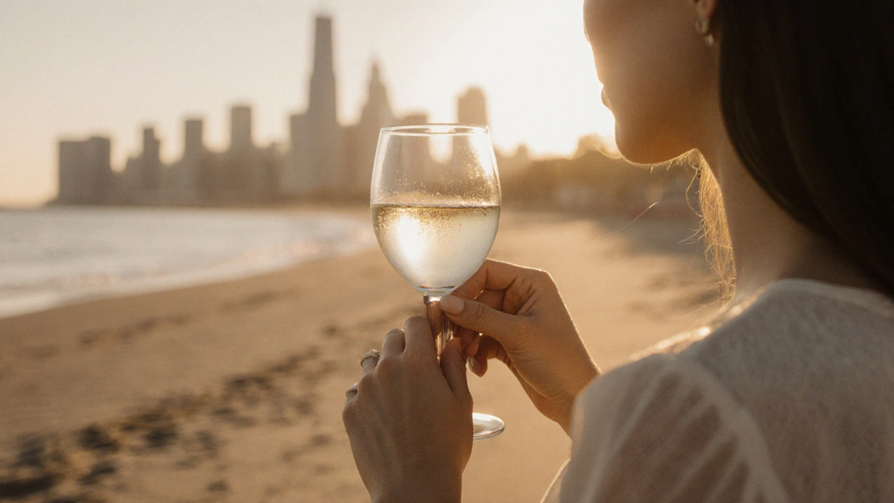 Des mains tenant un verre de vin sur du sable au coucher du soleil, sans visage visible.