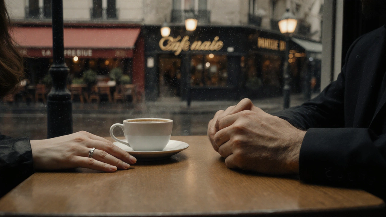 Deux mains sur une table de café, séparées par un centimètre d&#039;espace vide.