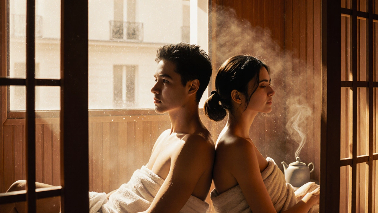 Deux personnes dans un sauna privé, regard intense, vapeur et lumière chaude, thé fumant à côté d&#039;elles, atmosphère intime et paisible.