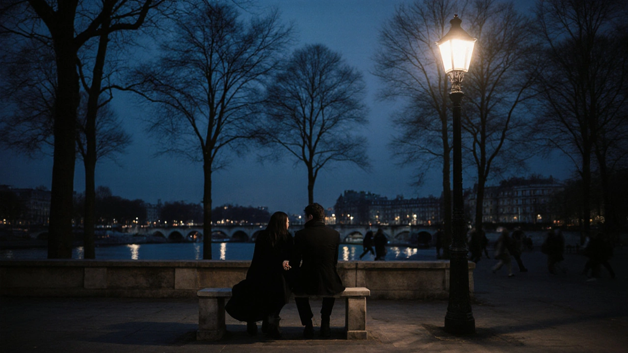 Deux silhouettes assises sur un banc du Jardin des Plantes, la nuit, sous une lampe chaude.