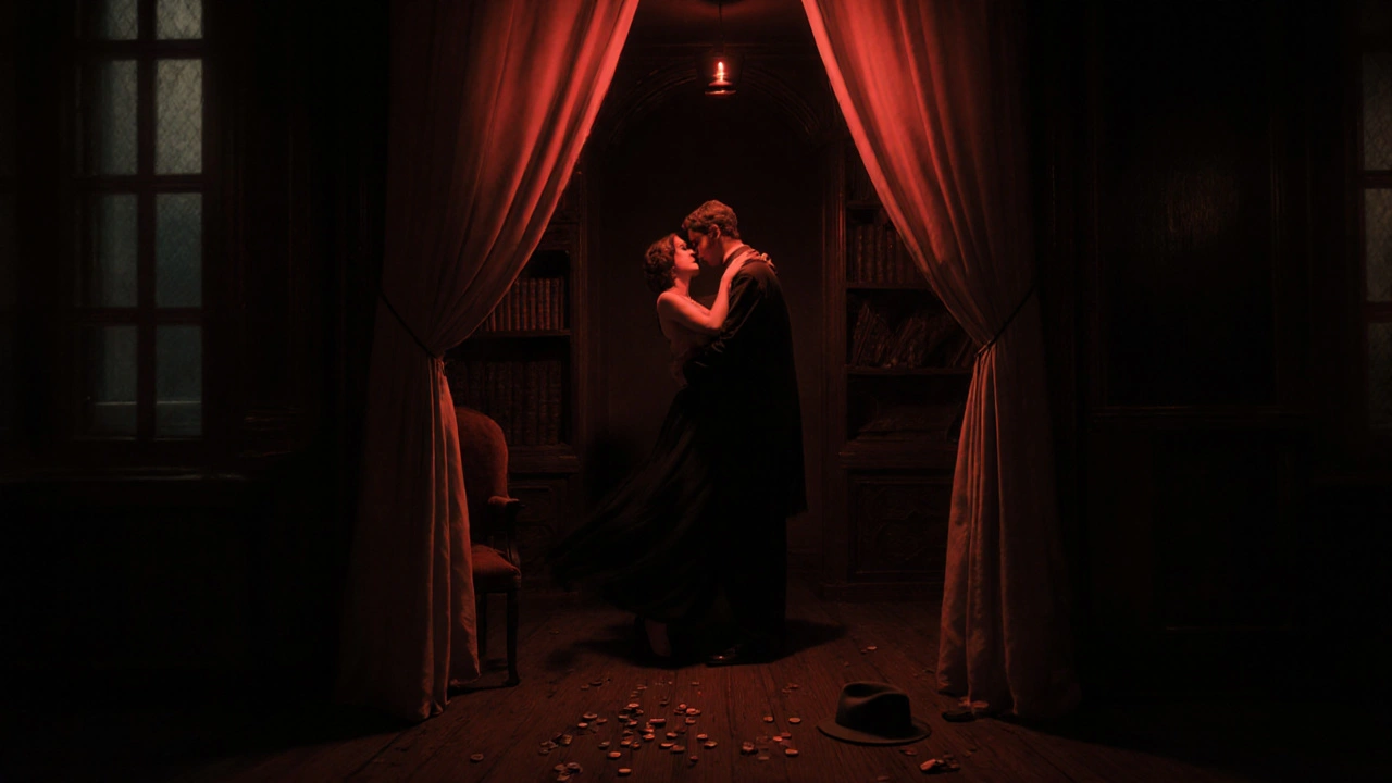 Deux silhouettes dans l&#039;ombre d&#039;un passage secret à Paris, éclairées par une lampe rouge.