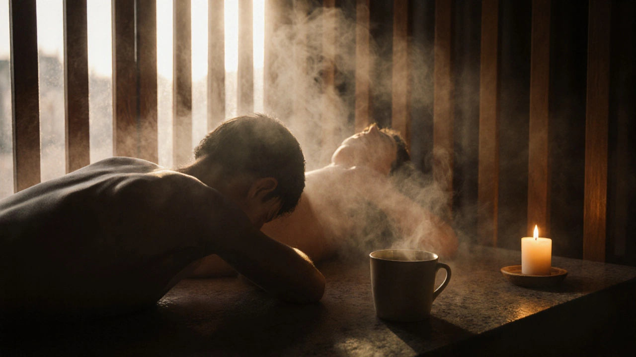 Deux silhouettes dans une cabine de spa privé, entourées de vapeur, dans une intimité silencieuse et apaisante.