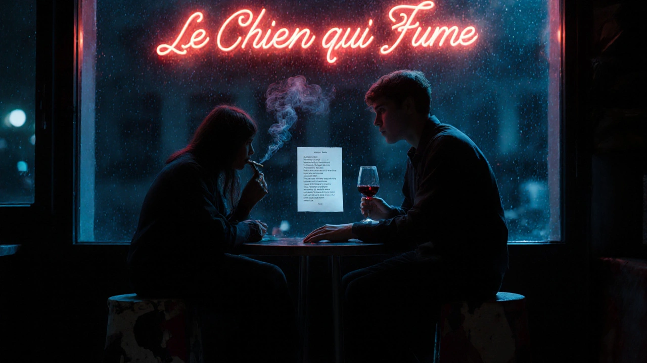 Deux silhouettes en silence dans un café de nuit, une cigarette et un verre de vin, une page de poème flottant entre elles.