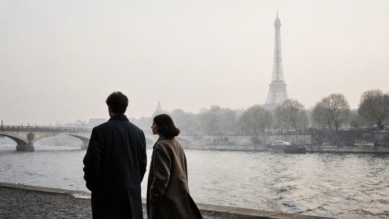 Deux silhouettes marchant côte à côte au bord de la Seine au lever du jour, en paix sans parler.