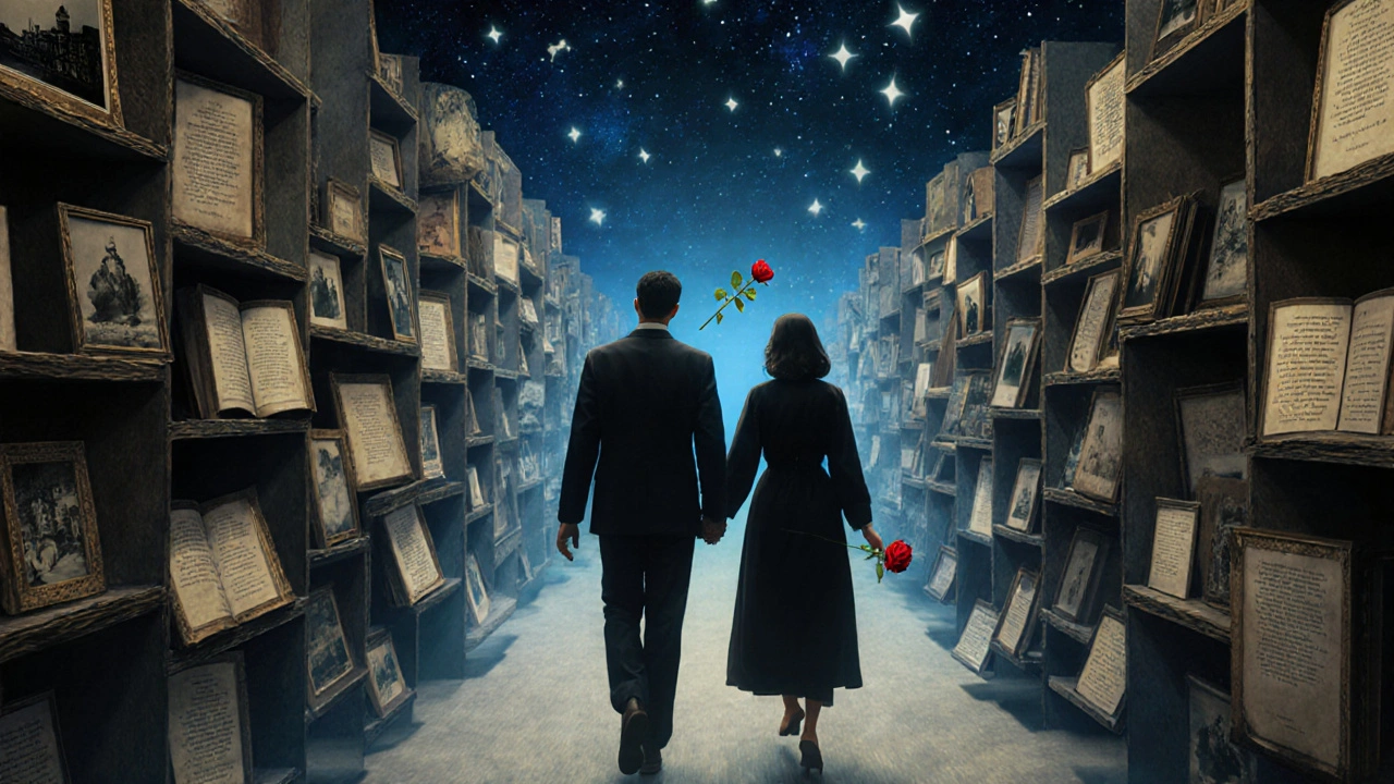 Deux silhouettes marchent dans un couloir de livres flottants sous un ciel étoilé, une rose rouge entre elles.