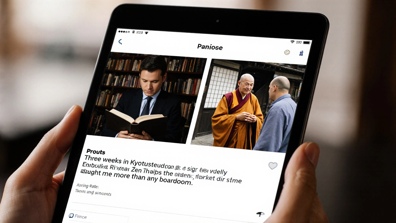 Écran de profil de site de rencontre élite montrant des photos d&#039;un homme lisant et voyageant.