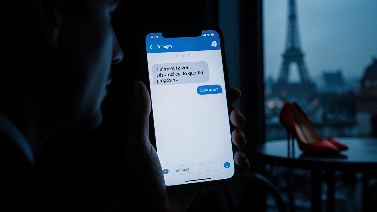 Écran de téléphone affichant un message Telegram discret sur un rendez-vous à Paris, dans une pièce sombre.