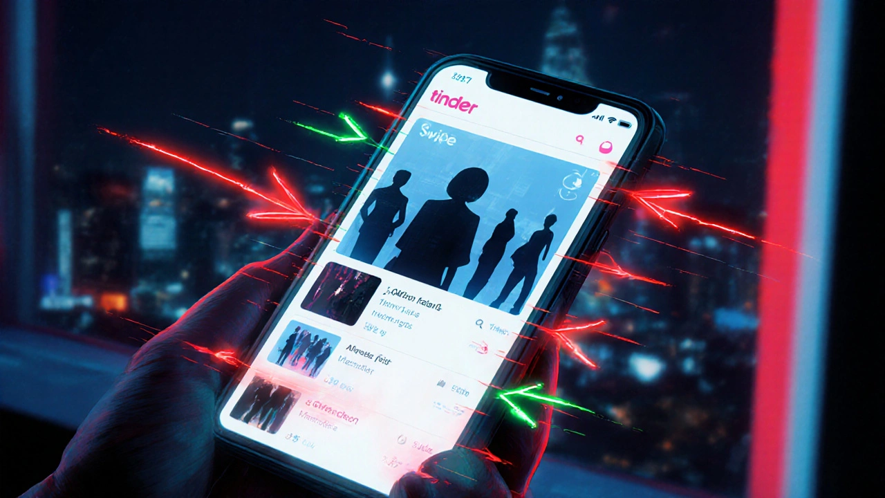 Écran de téléphone Tinder en pleine action, avec des silhouettes qui défilent rapidement sous des flèches de swipes rouges et vertes.