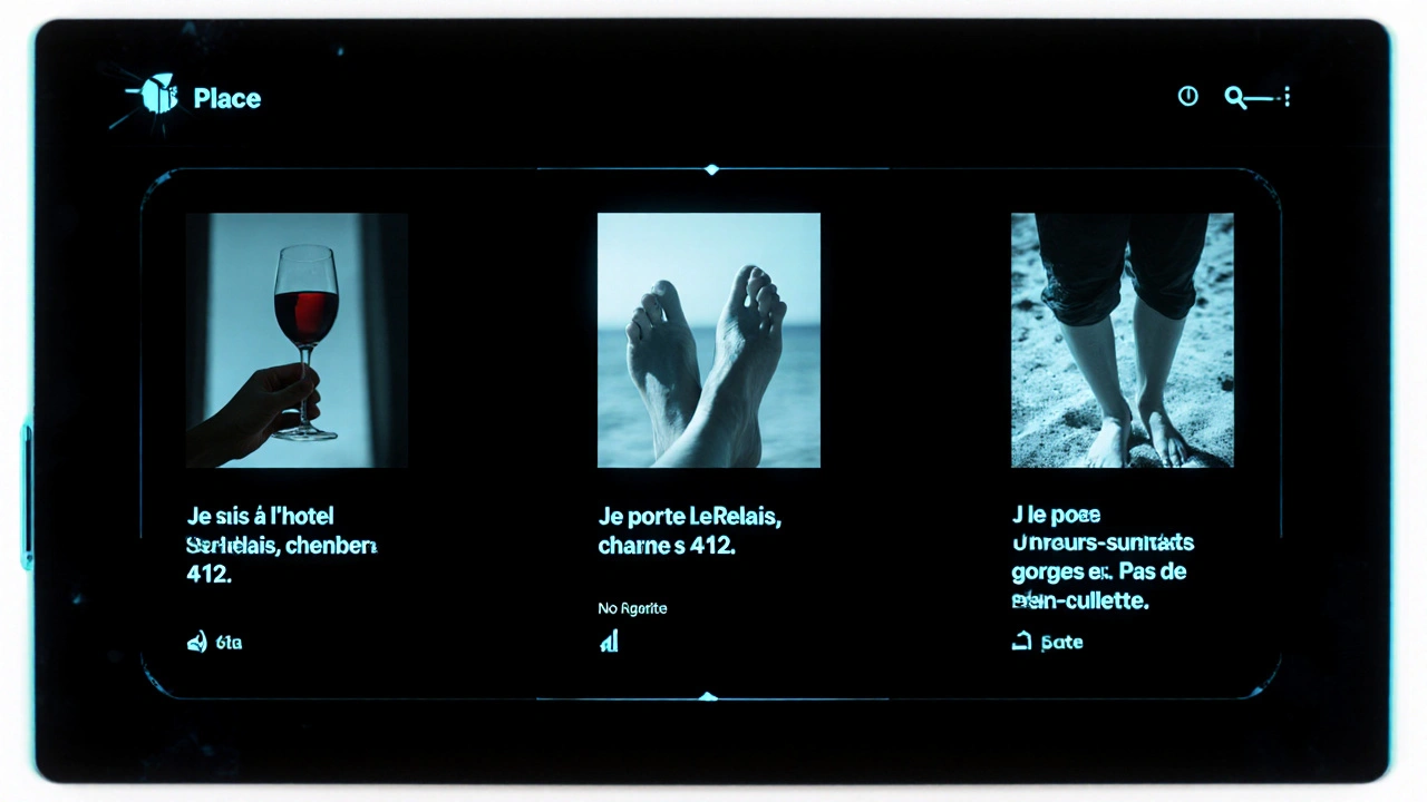 Écran sombre affichant trois profils anonymes avec des phrases suggestives, sans texte explicite.