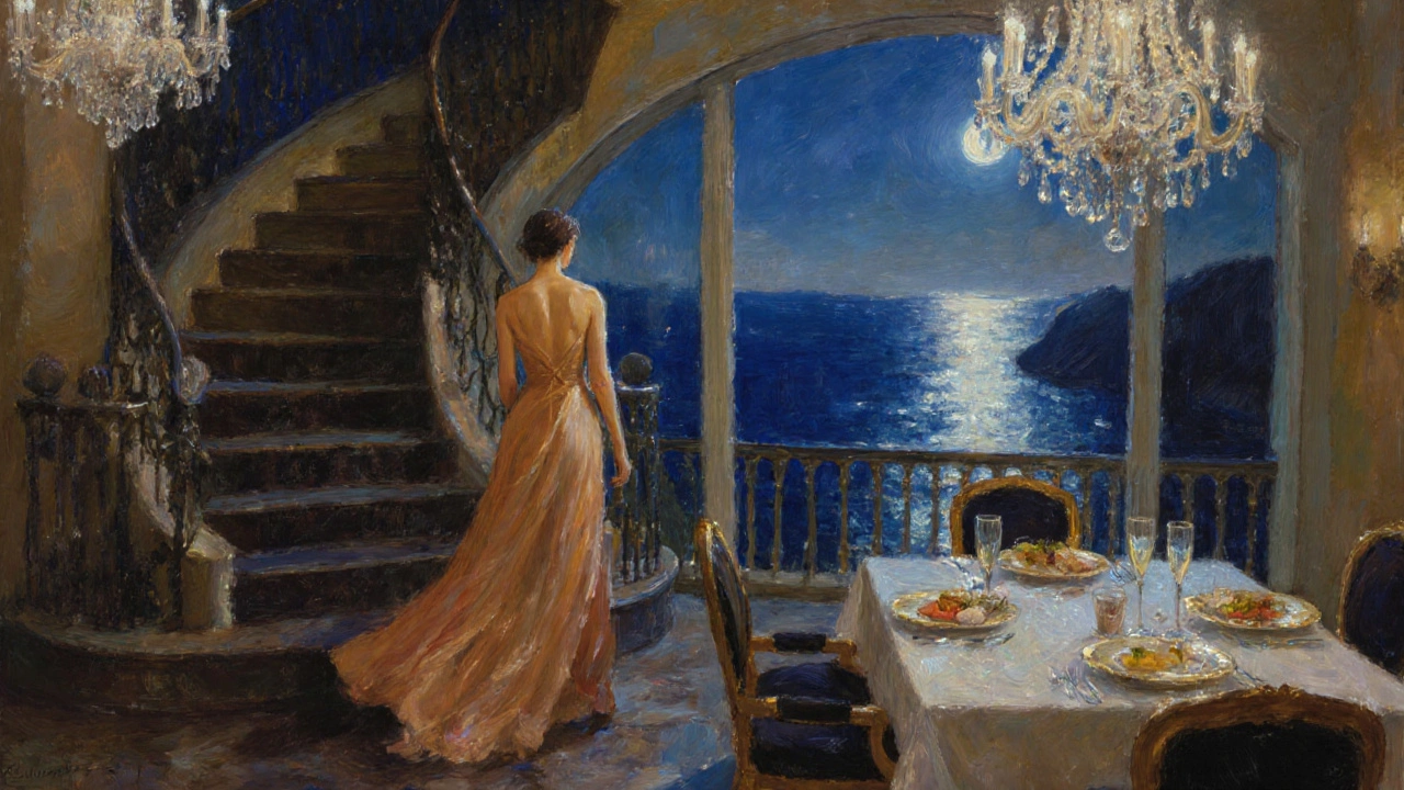 Femme en robe de soirée descendant un escalier dans un penthouse de Monaco, sous un éclairage de chandelier.