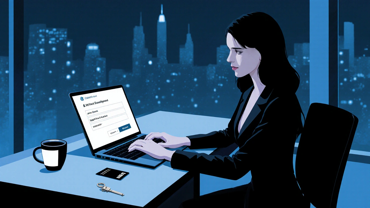 Femme professionnelle en robe noire à un bureau, écran de paiement crypté, lumière froide, ambiance de discrétion absolue.