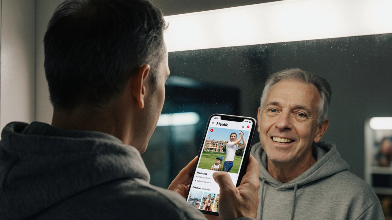 Homme âgé regardant son profil Meetic dans un miroir, hoodie gris, photo de golf en arrière-plan, air fatigué.