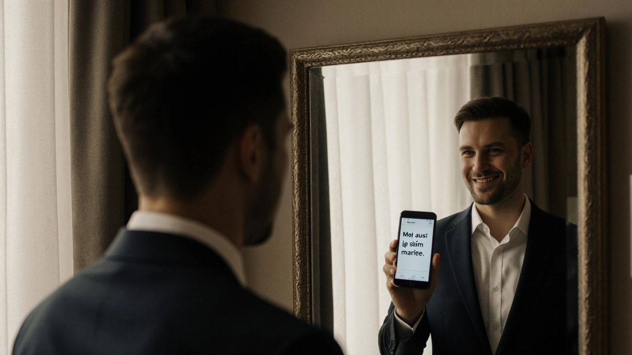 Homme devant un miroir dans une chambre d&#039;hôtel, téléphone affichant un message discret, expression de soulagement.
