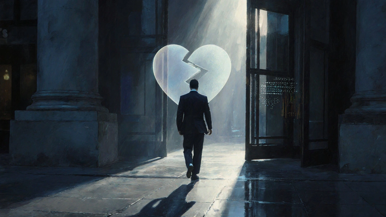 Homme s&#039;éloignant d&#039;un hôtel au lever du jour, ombre allongée, surimpression subtile de cœurs fracturés, ambiance cinématographique.