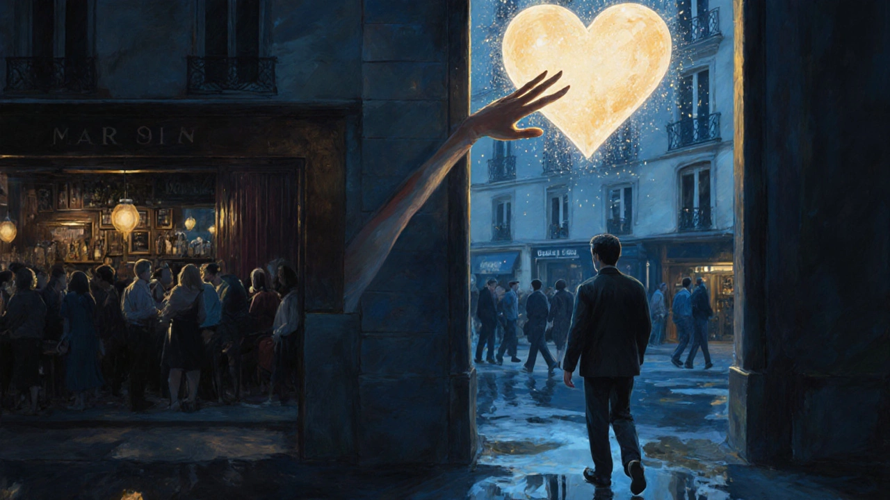 Main de femme tendue vers un cœur numérique qui se dissout en étoiles, reflet d&#039;un homme quittant un bar pour la solitude.