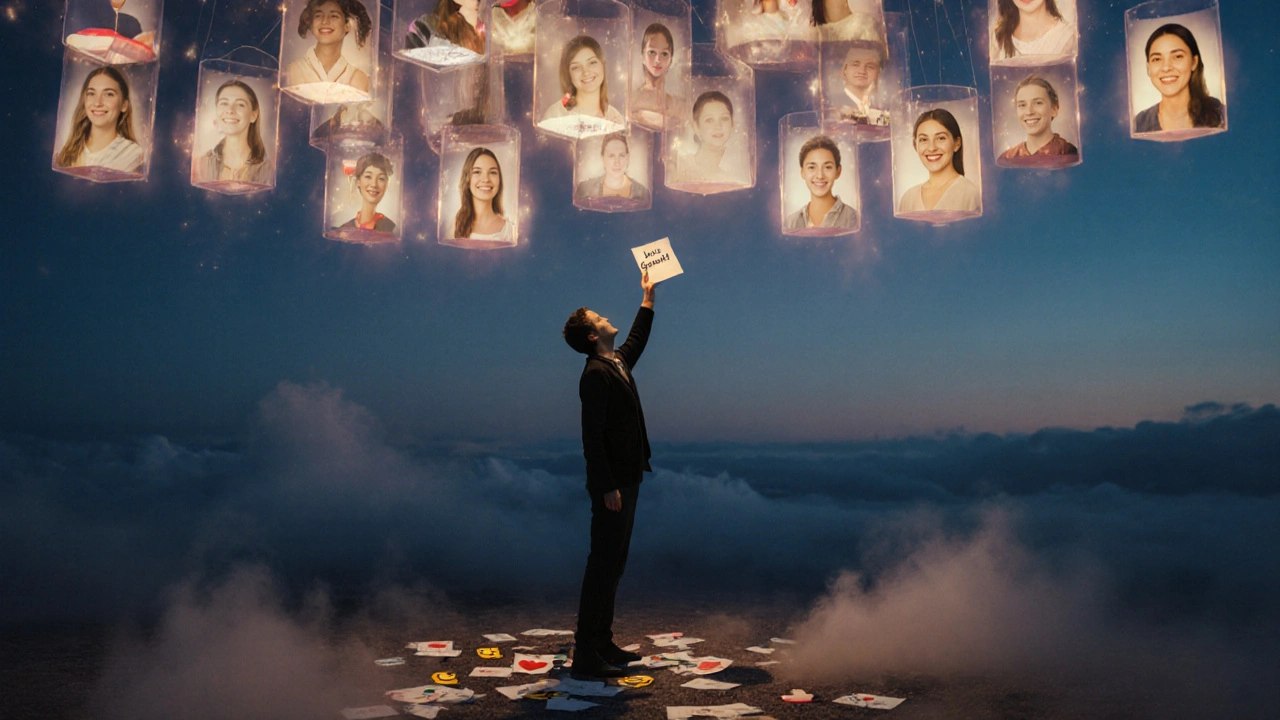Marché numérique flottant avec des profils féminins lumineux, un homme tente d&#039;atteindre un message sincère.