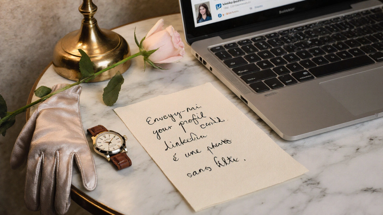 Note manuscrite sur papier de soie, accompagnée d&#039;un profil LinkedIn et d&#039;un rose, sur une table de marbre.