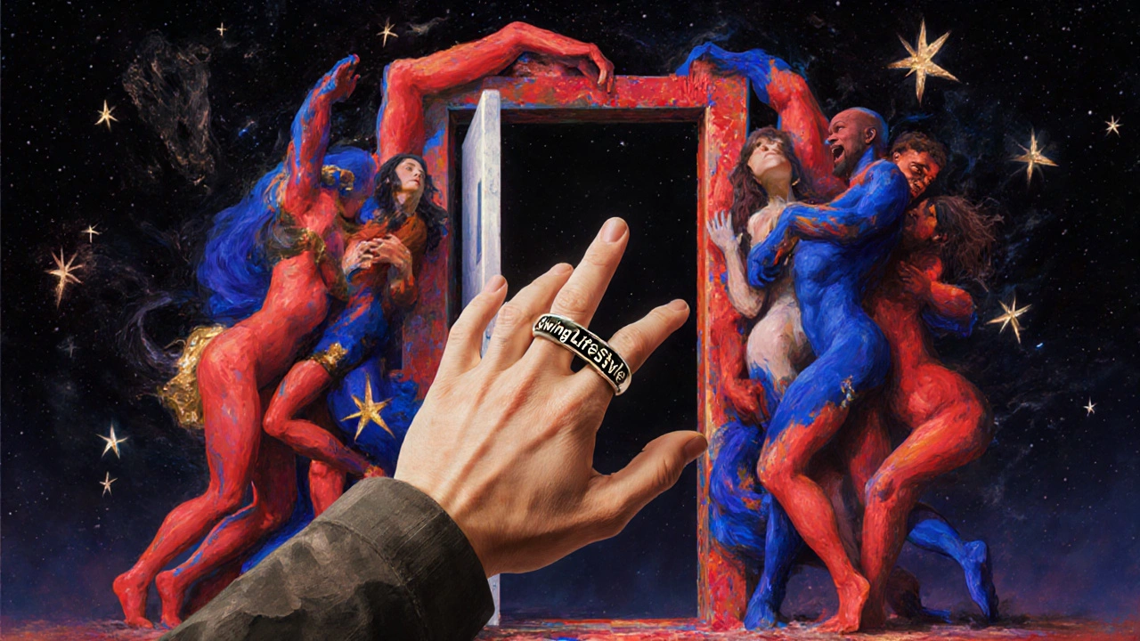 Porte faite de corps entrelacés s&#039;ouvrant sur un ciel étoilé, main tendue avec bague SwingLifeStyle.
