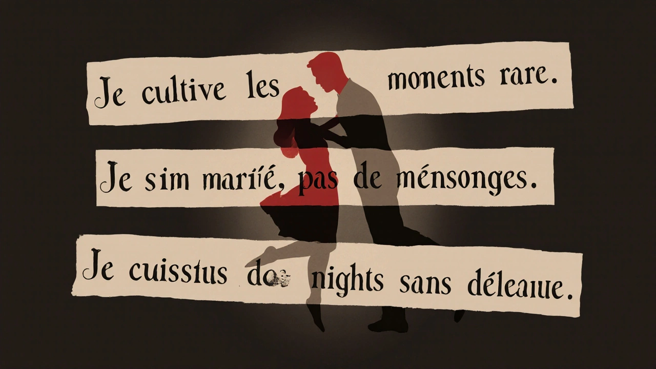 Profil de rencontre minimaliste avec trois lignes de texte sur fond sombre, silhouettes de danseurs en arrière-plan.