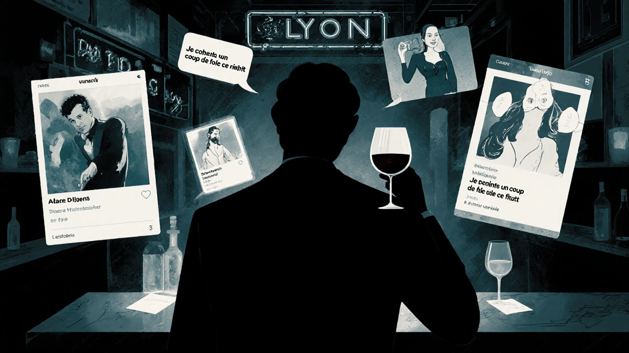 Silhouette à un bar à Lyon, profils flottants en arrière-plan, ambiance néon et mystère.